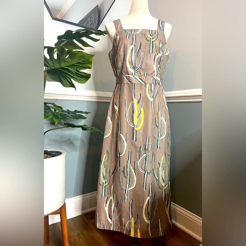 Broken Industries designer dress. Size Medium. Tan with pastel cactus pattern.